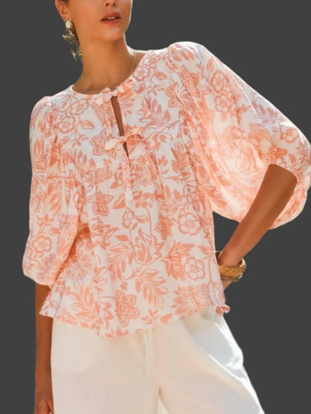 Oddi Peach Floral Tie-Neck Boho Blouse
